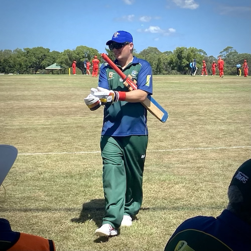 Mathew Kent (B2) walking off the ground after batting against SA