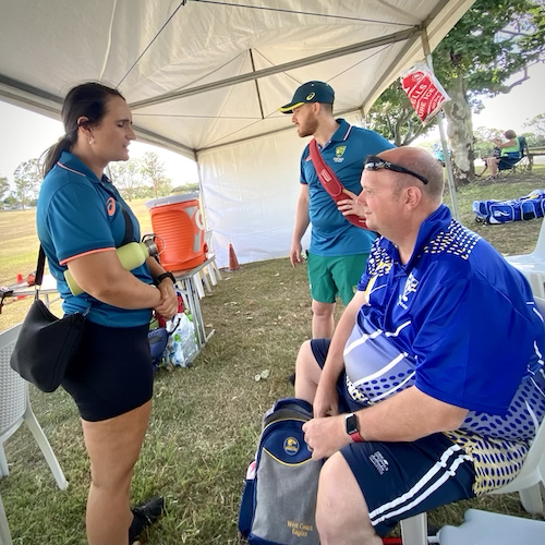 Cricket Australia medical officials talk to Brian Connolly the day after he was struck on the head by a ball