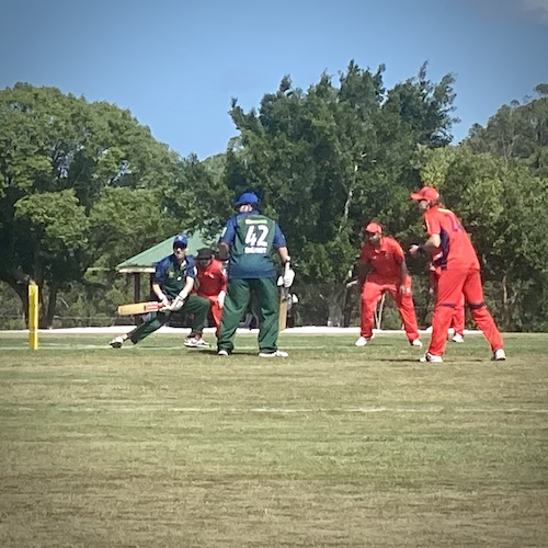 CATS player batting against South Australia surrounded by fielding players at the batting crease