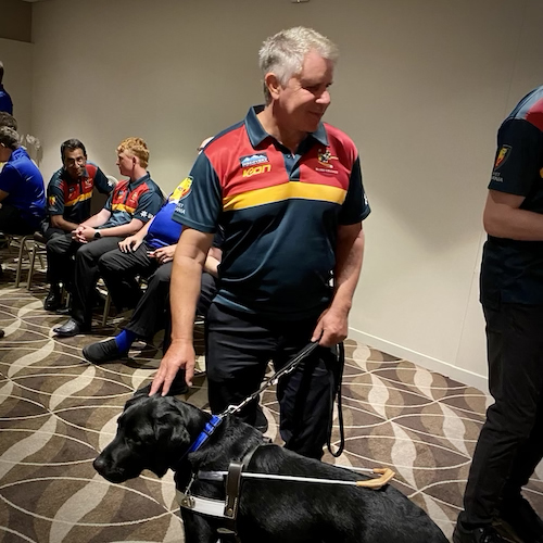 Phil Menzie and Guide Dog Dudley watching the Blind Cricket Australia awards presentations