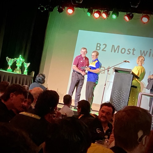 Mathew Kent being presented his award by Ray Moxley the Chair of Blind Cricket Australia