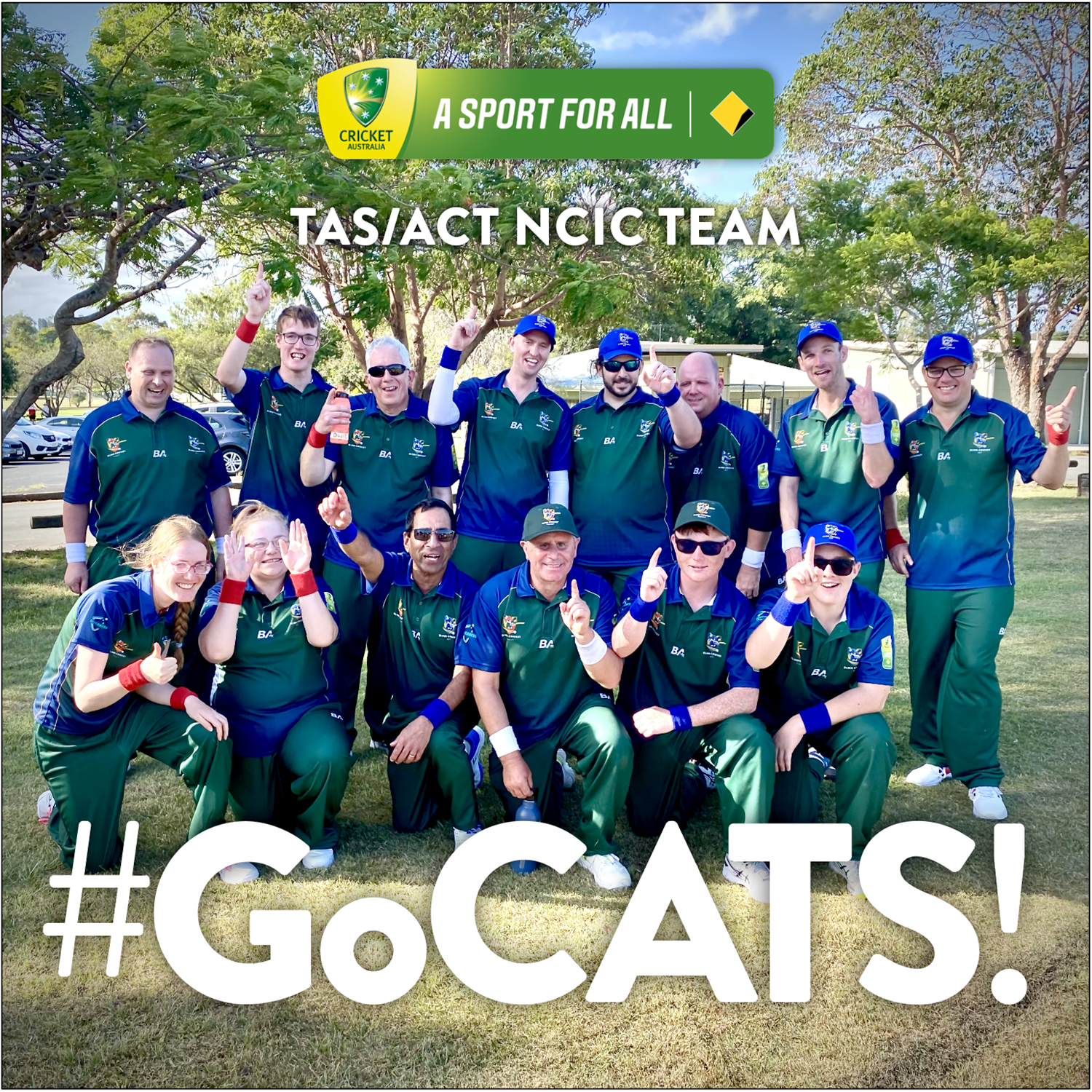 The 14 TAS and ACT NCIC players in a team lineup photo all making hand gestures suggesting they are ready to take on the competition with pride and passion. Text #GoCats! sits over the photo.